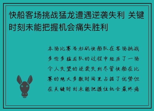 快船客场挑战猛龙遭遇逆袭失利 关键时刻未能把握机会痛失胜利