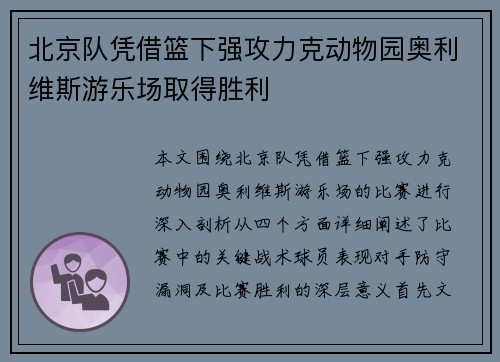 北京队凭借篮下强攻力克动物园奥利维斯游乐场取得胜利