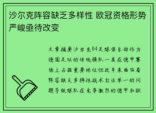 沙尔克阵容缺乏多样性 欧冠资格形势严峻亟待改变