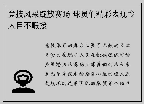 竞技风采绽放赛场 球员们精彩表现令人目不暇接