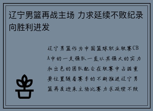 辽宁男篮再战主场 力求延续不败纪录向胜利进发