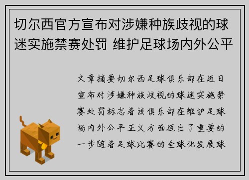 切尔西官方宣布对涉嫌种族歧视的球迷实施禁赛处罚 维护足球场内外公平正义