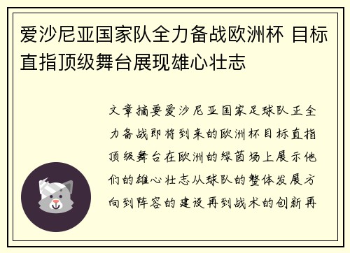 爱沙尼亚国家队全力备战欧洲杯 目标直指顶级舞台展现雄心壮志