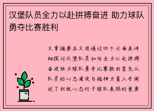 汉堡队员全力以赴拼搏奋进 助力球队勇夺比赛胜利