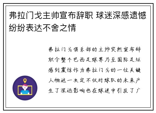 弗拉门戈主帅宣布辞职 球迷深感遗憾纷纷表达不舍之情