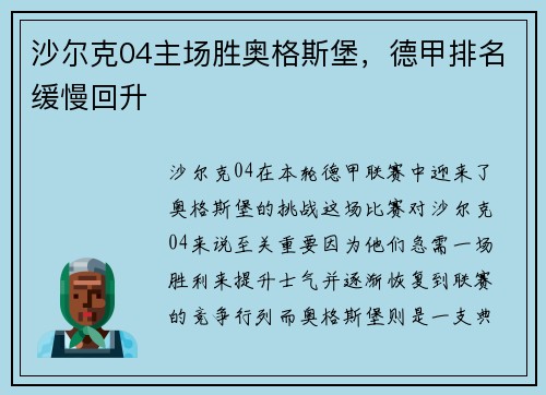 沙尔克04主场胜奥格斯堡，德甲排名缓慢回升