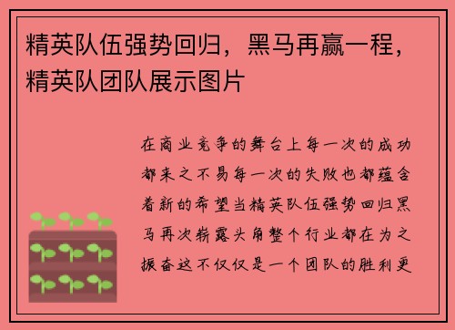 精英队伍强势回归，黑马再赢一程，精英队团队展示图片