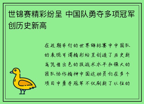世锦赛精彩纷呈 中国队勇夺多项冠军创历史新高