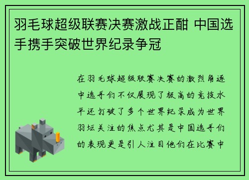 羽毛球超级联赛决赛激战正酣 中国选手携手突破世界纪录争冠